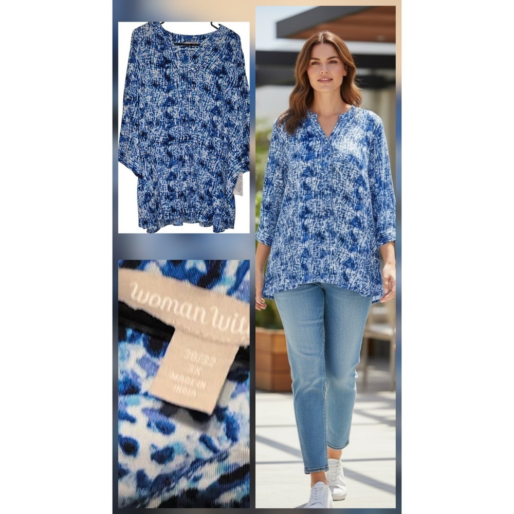 Woman Within Blouse Size 3X 30/32 Blue Tye Dye Dorman Laganlook Top NEW‎